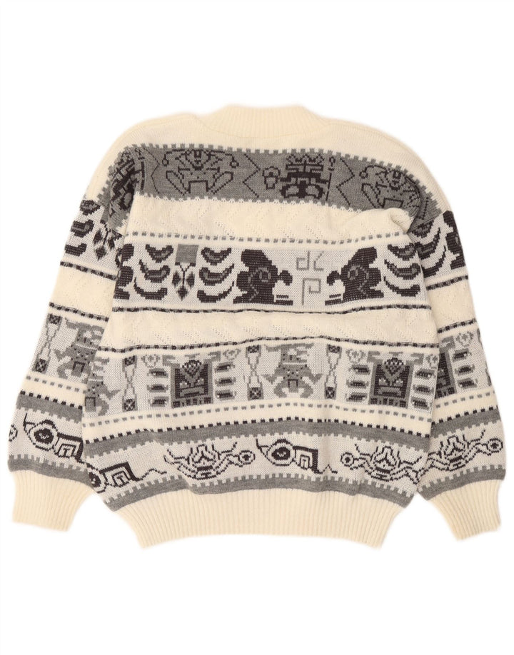 Vintage hombres V-cuello jumper suéter grande off blanco geométrico