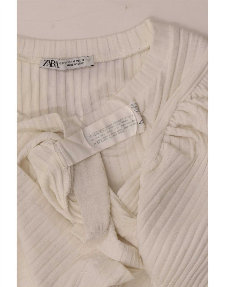Zara Mujer Crop Camiseta Top UK 12 Medio Blanco Poliéster