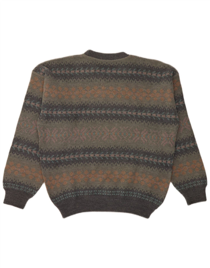 Vintage hombres cuello redondo jersey suéter grande gris feria isla lana