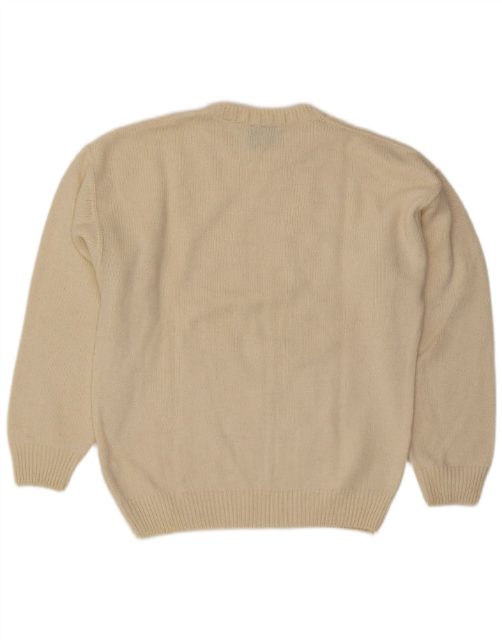 Vintage hombres cuello redondo jumper suéter grande de lana blanca Argyle/Diamond