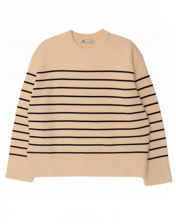 Zara - Jersey con cuello redondo para mujer, talla 40, talla mediana, color blanco a rayas