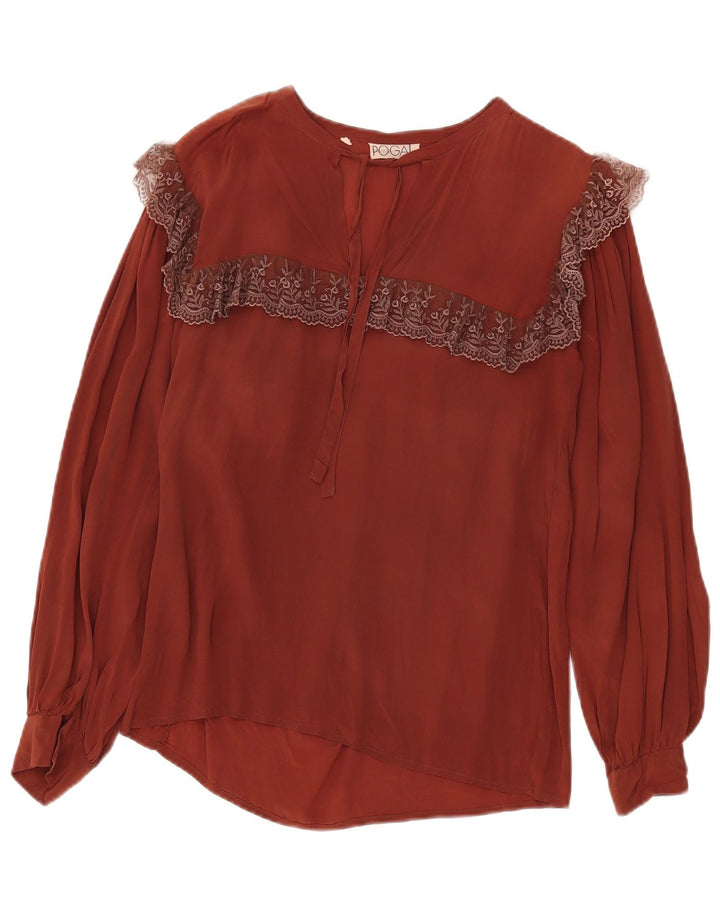 Vintage mujer ver a través de blusa de manga larga Top IT 42 Marrón Medio Floral