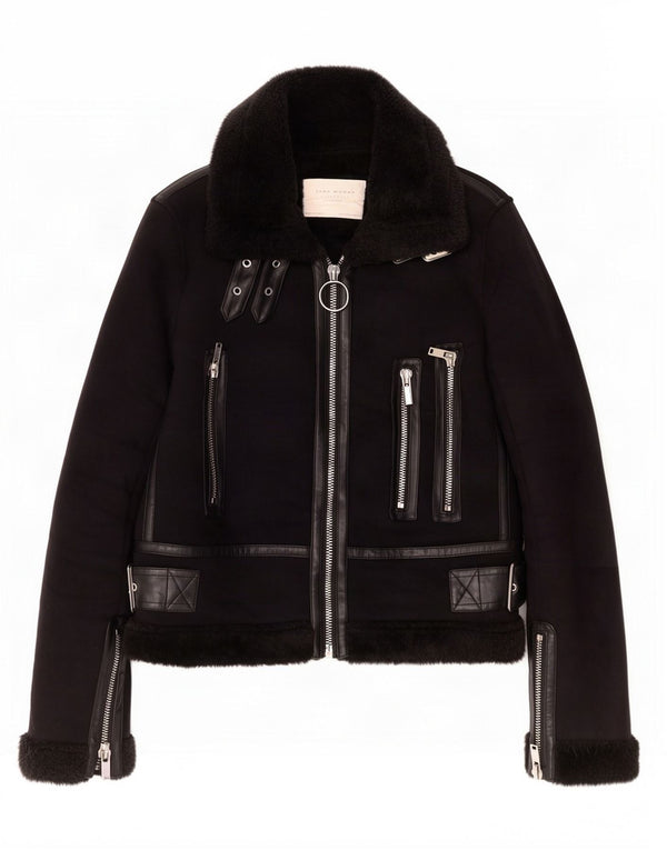 Zara Mujer Sherpa Chaqueta UK 6 XS Negro Poliéster