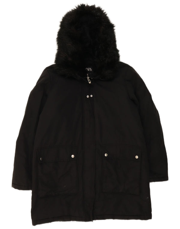 Zara Mujer Parka Extragrande Con Capucha UK 46 Grande Poliéster Negro