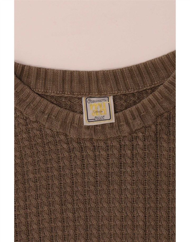 Vintage hombres cuello redondo jersey suéter medio beige algodón