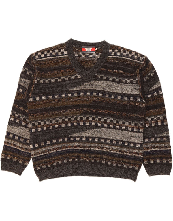 Vintage Mens V-Neck Jumper Sweater Large Grey Geometric Wool