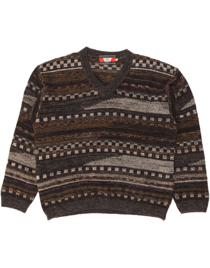 Vintage hombres V-cuello jumper suéter grande gris lana geométrica