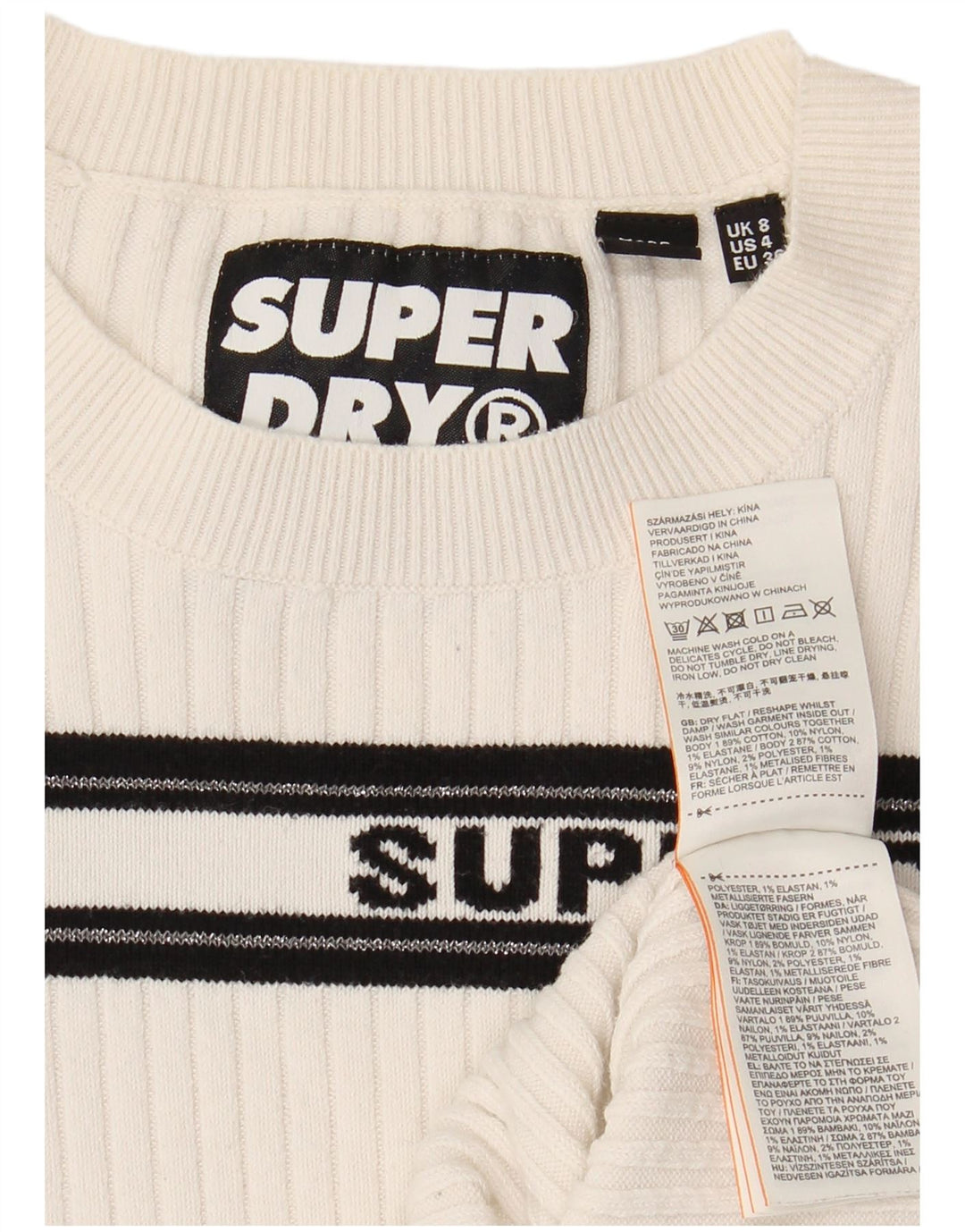 SUPERDRY Suéter gráfico con cuello redondo para mujer UK 8 Small White Stripes