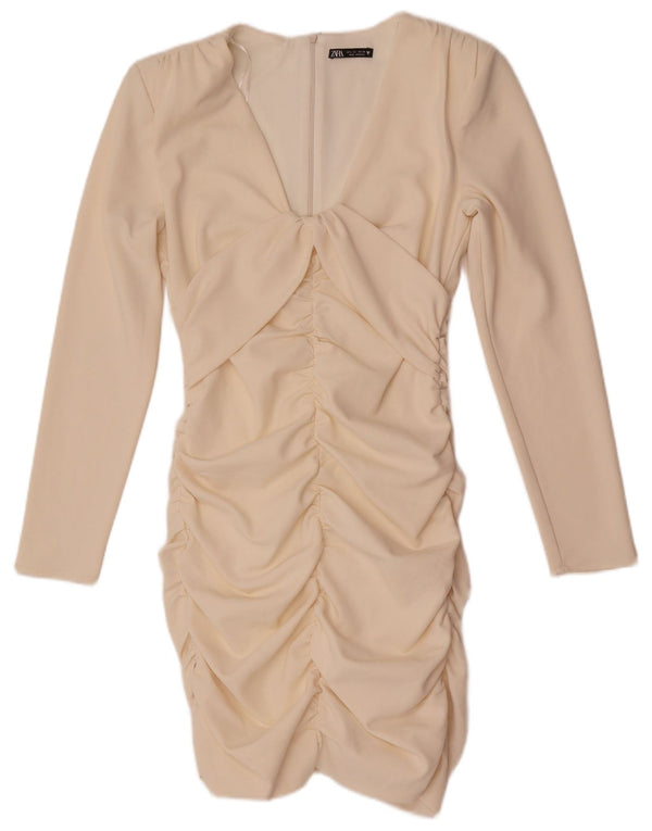 Zara Vestido ajustado de manga larga para mujer UK 44 Grande Poliéster blanco roto
