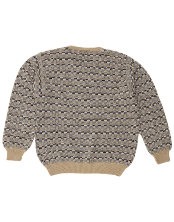 Vintage hombres V-cuello jumper suéter IT 48 algodón geométrico beige medio