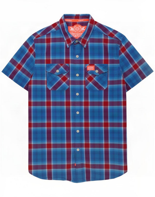 Camisa de manga corta Superdry para hombre de algodón a cuadros azul medio