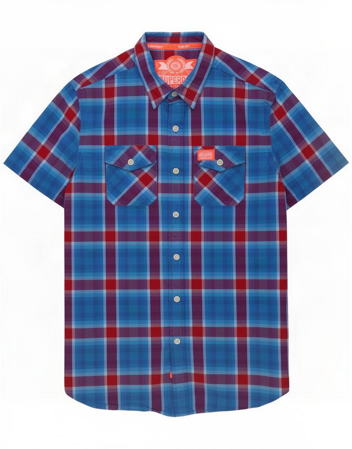 Camisa de manga corta Superdry para hombre de algodón a cuadros azul medio