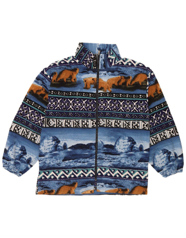 Vintage hombres patrón abstracto chaqueta polar Reino Unido 38 azul medio retro