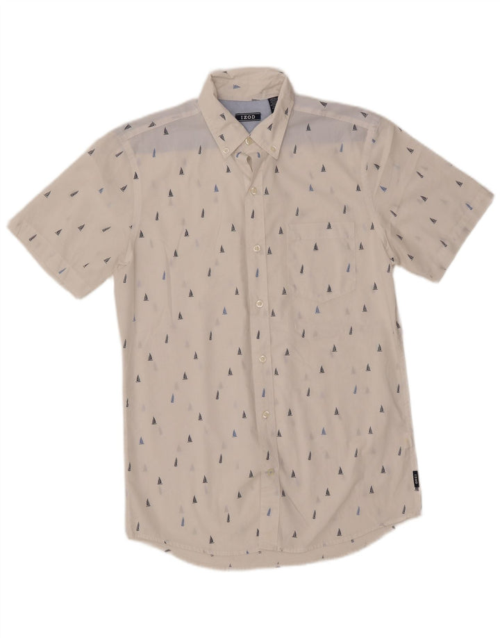 IZOD Camisa de manga corta con estampado abstracto para hombre, algodón blanco pequeño