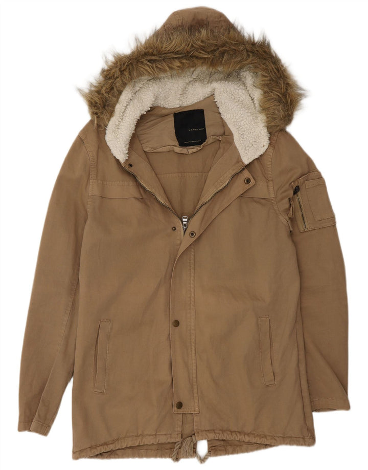 Zara Hombre Chaqueta Parka Con Capucha UK 36 Small Beige