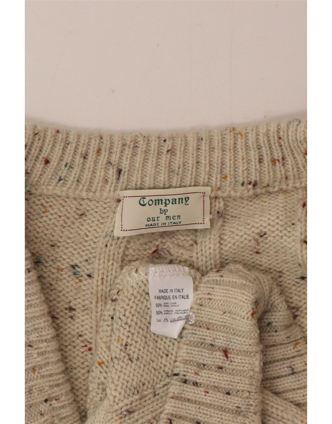 Vintage hombres Cardigan suéter grande beige moteado lana