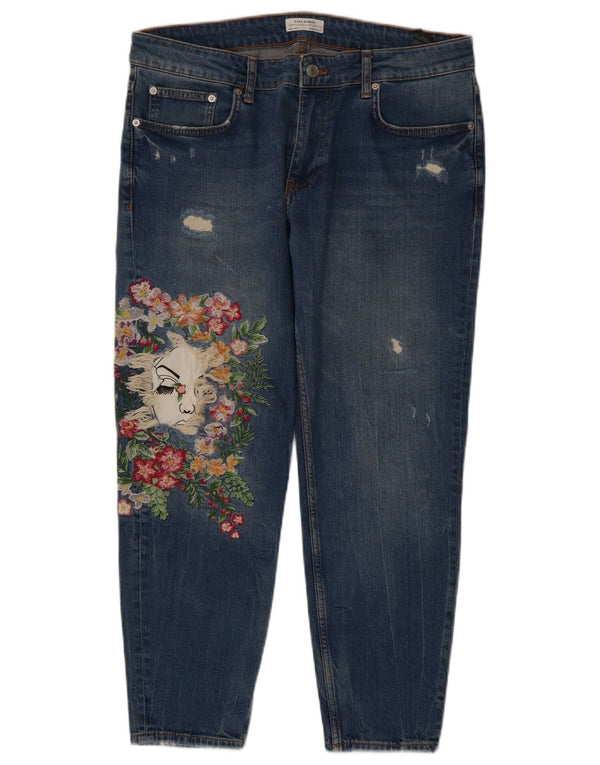 Zara Jeans rectos gráficos para mujer EU 42 Large W32 L27 Algodón floral azul