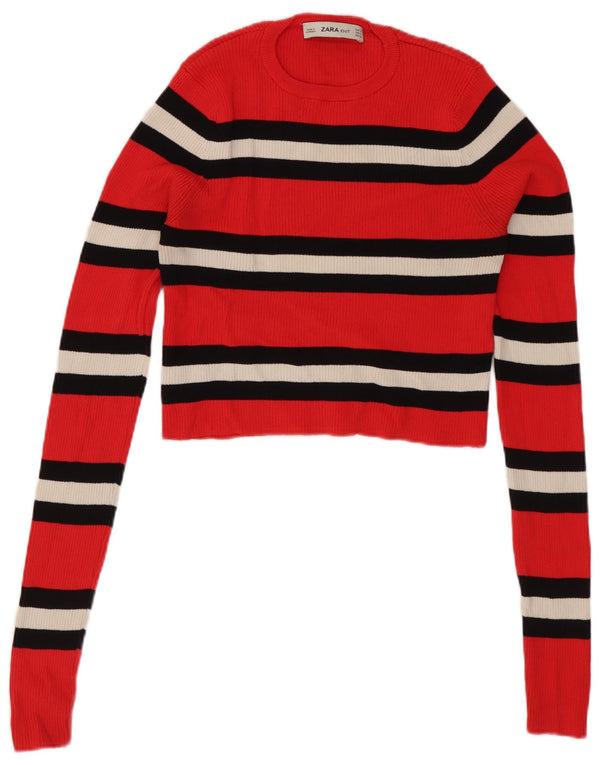 Zara Mujer Crop Crew Neck Jumper Sweater UK 8 Small Viscosa A Rayas Rojas