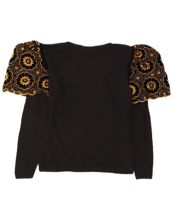 Vintage mujer manga larga blusa Top Reino Unido 12 medio negro floral