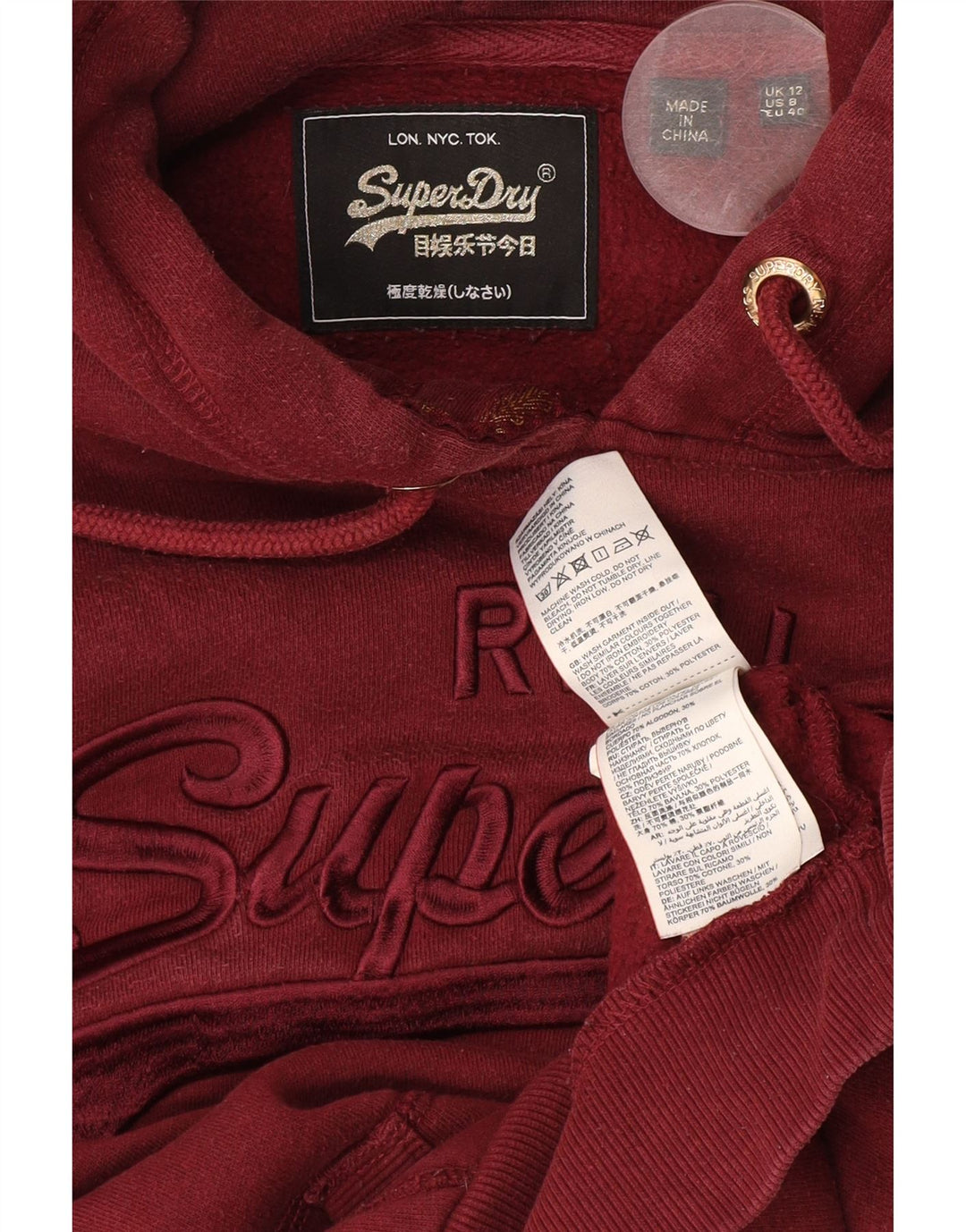 Superdry Jersey con capucha y gráfico gráfico para mujer, talla 40, algodón burdeos mediano