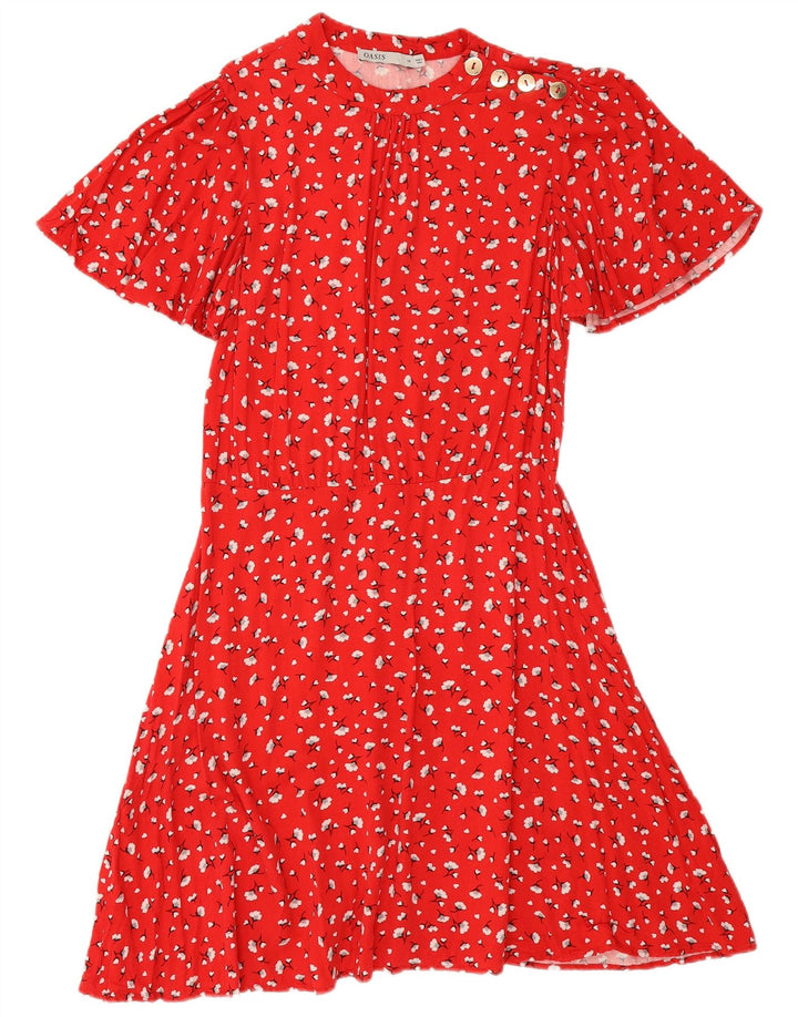 Oasis Vestido Acampanado para Mujer UK 44 Viscosa Floral Roja Mediana