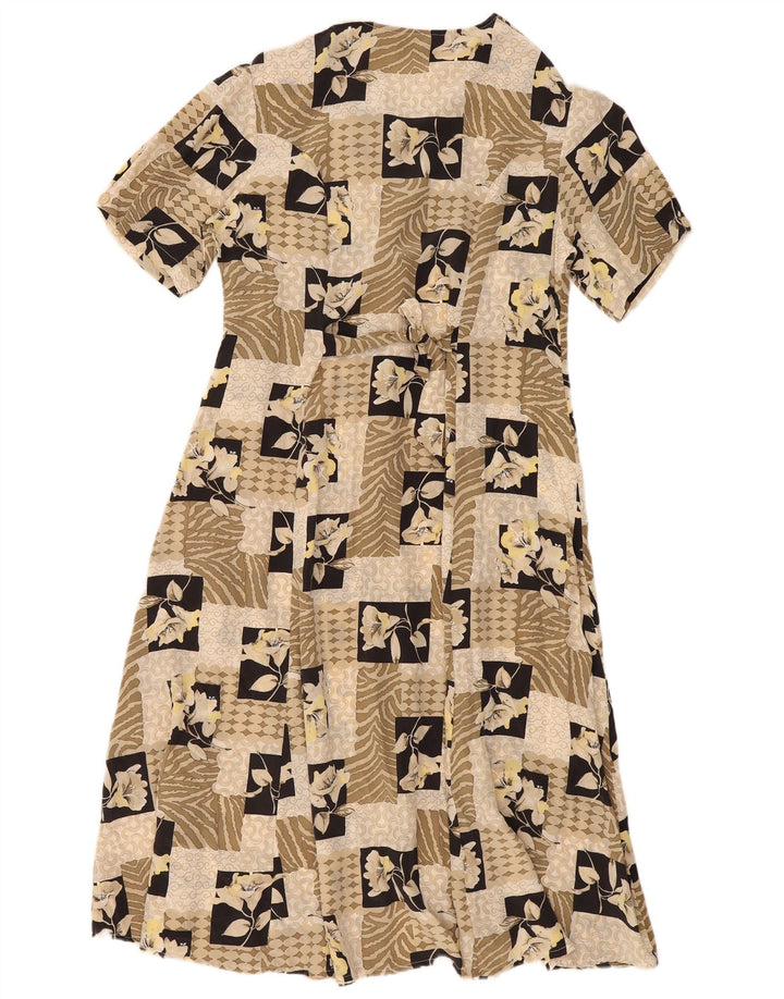 Vintage mujer vestido de té Reino Unido 14 medio beige patchwork seda