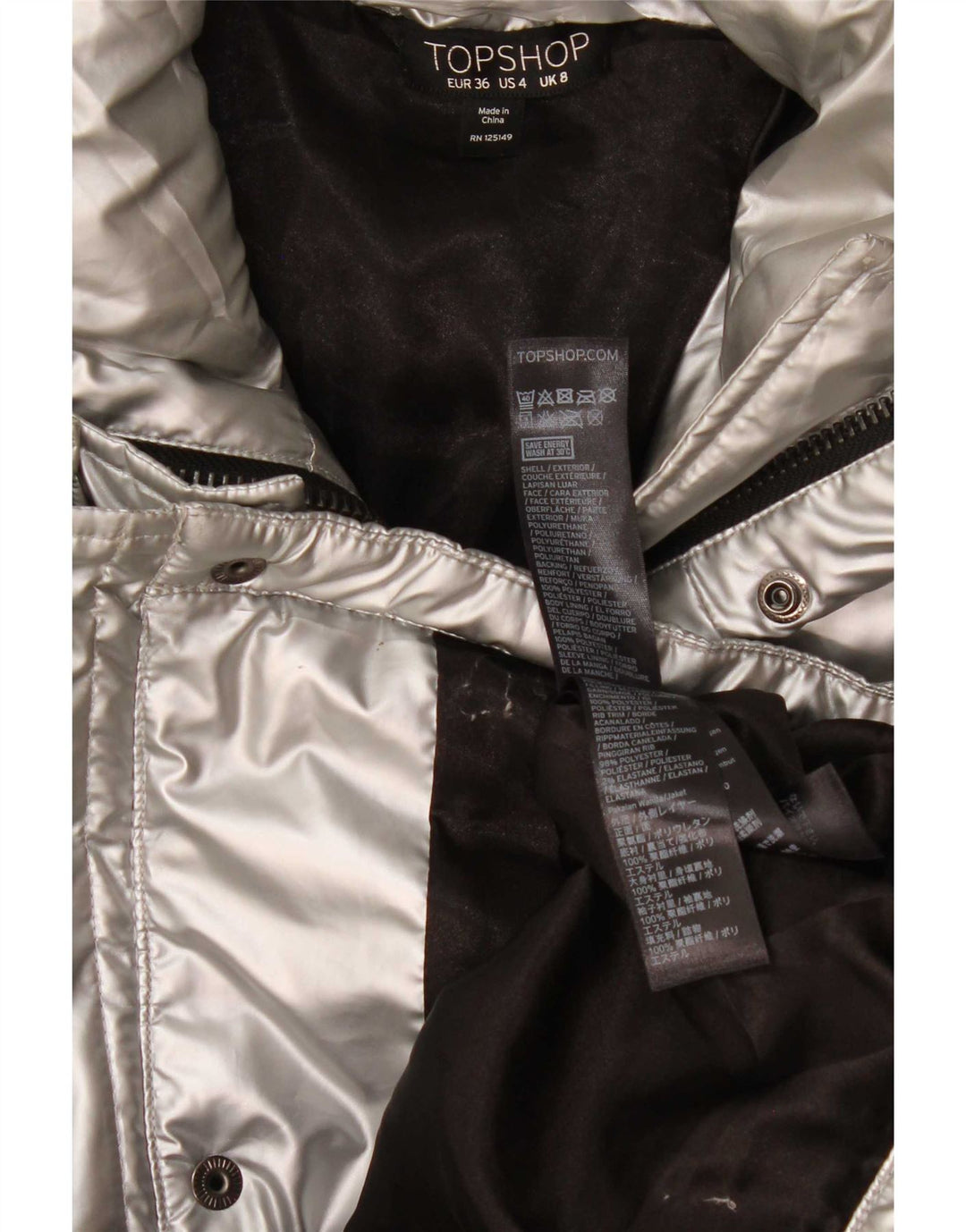 Topshop Chaqueta Acolchada Extragrande para Mujer UK 8 Small Plata Polietileno