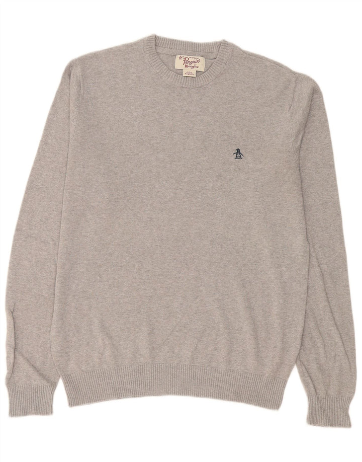 Penguin - Jersey de cuello redondo para hombre, talla grande, algodón moteado gris