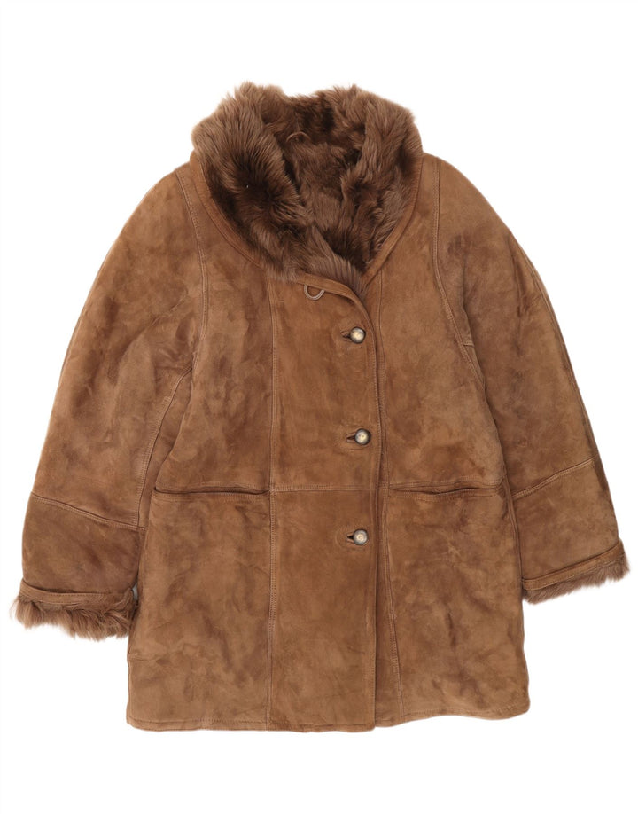 Vintage mujer shearling chaqueta IT 46 grande marrón clásico
