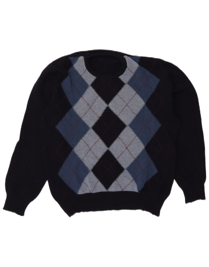 Vintage hombres cuello redondo jumper suéter grande azul marino Argyle/Diamond