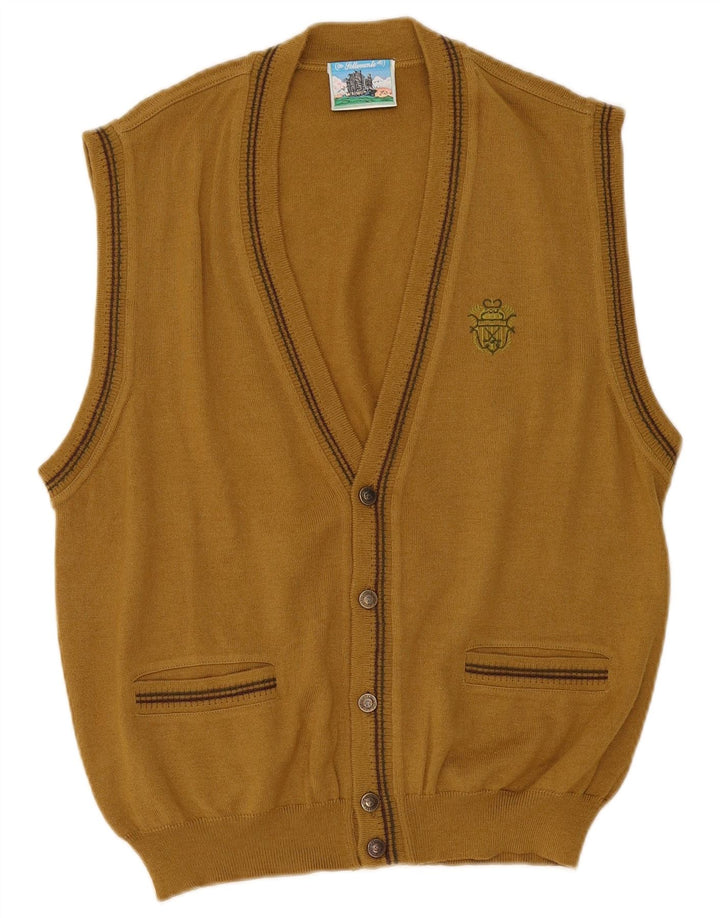 Vintage hombres sin mangas cardigan suéter medio caqui lana