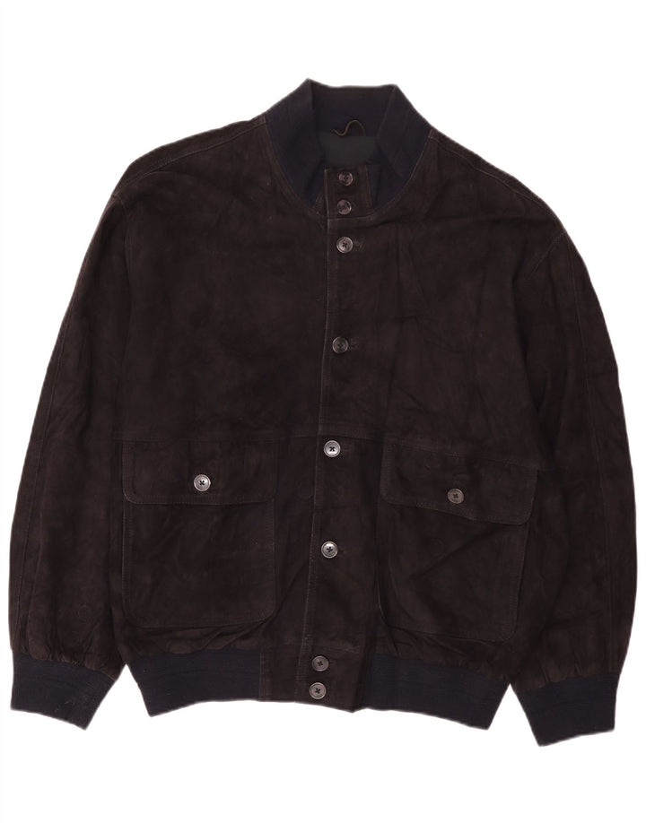 Vintage hombres gamuza suelta ajuste bomber chaqueta IT 48 cuero azul marino medio