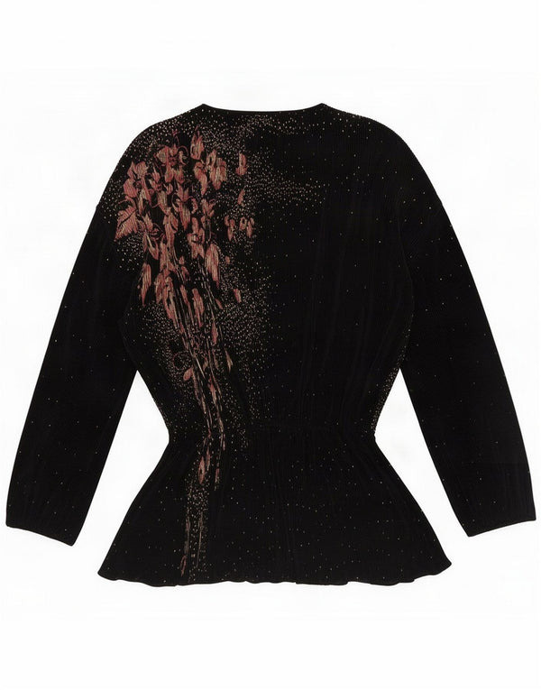 Vintage Womens Wrap Velvet Cardigan Top UK 16 Large Black Spotted Polyamide