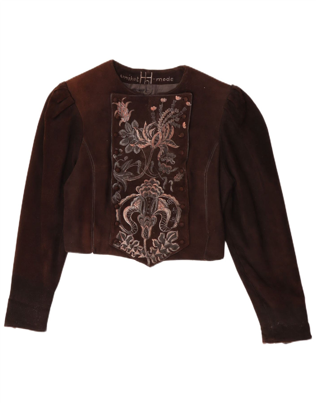 Vintage mujer crop ante chaqueta Reino Unido 14 marrón medio floral