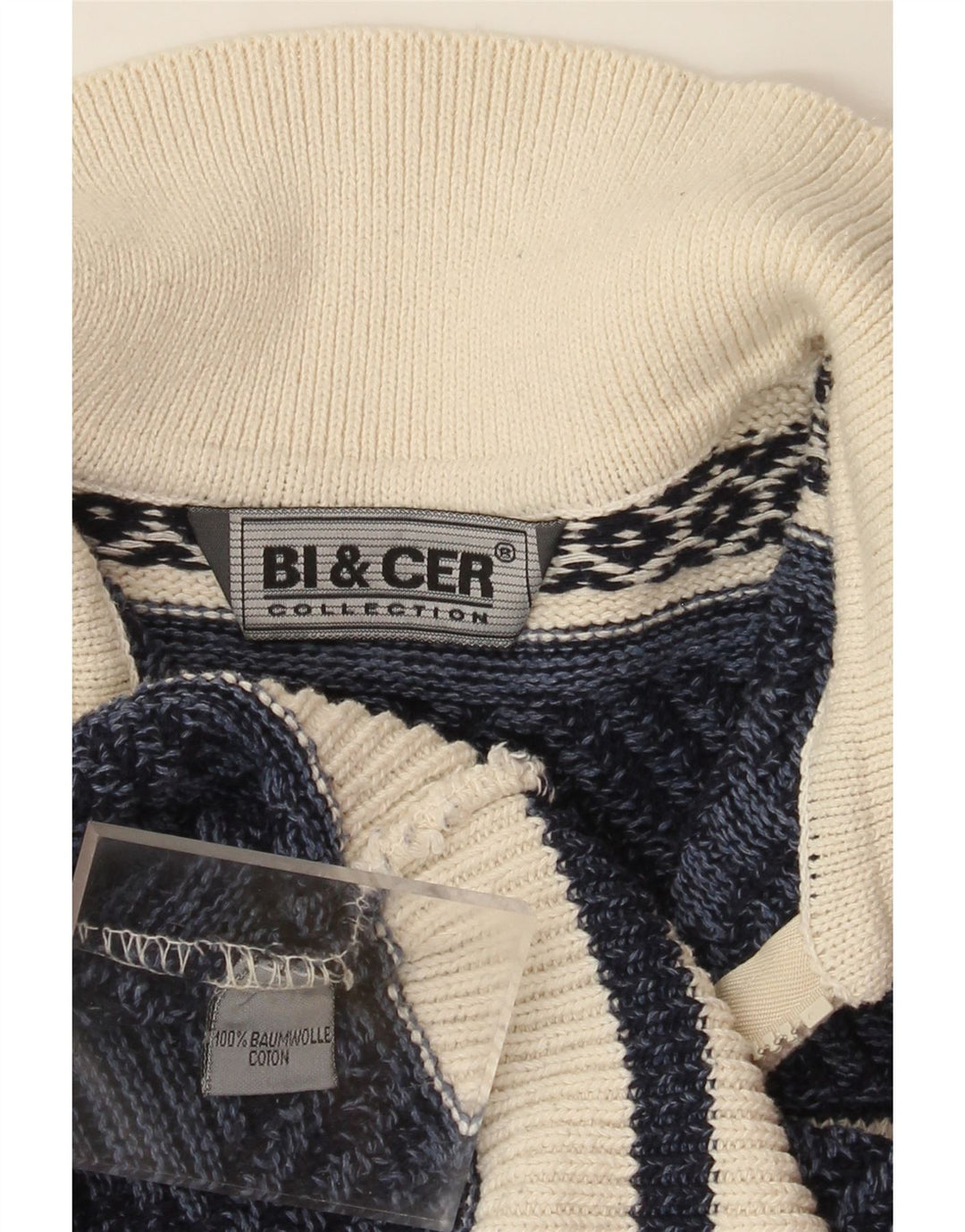 VINTAGE Hombres Polo Cuello Jersey Suéter Medio Azul Marino Fair Isle Algodón