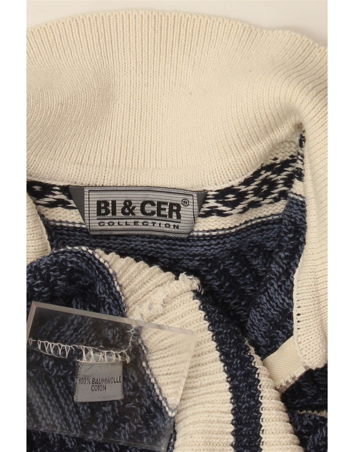 VINTAGE Hombres Polo Cuello Jersey Suéter Medio Azul Marino Fair Isle Algodón