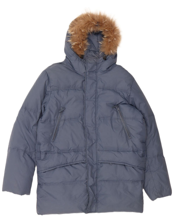 VINTAGE Hombres Loose Fit Abrigo acolchado con capucha Reino Unido 36 Pequeño Nylon Azul