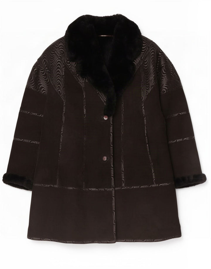 Vintage mujer shearling abrigo EU 44 XL negro geométrico