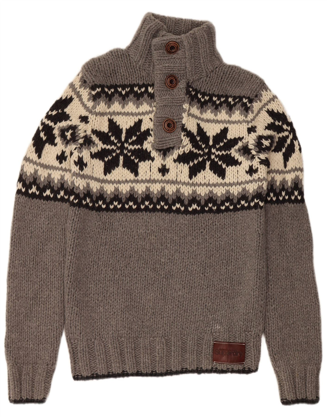 SUPERDRY Suéter tipo jersey con cuello y botones para hombre, lana Fair Isle gris grande