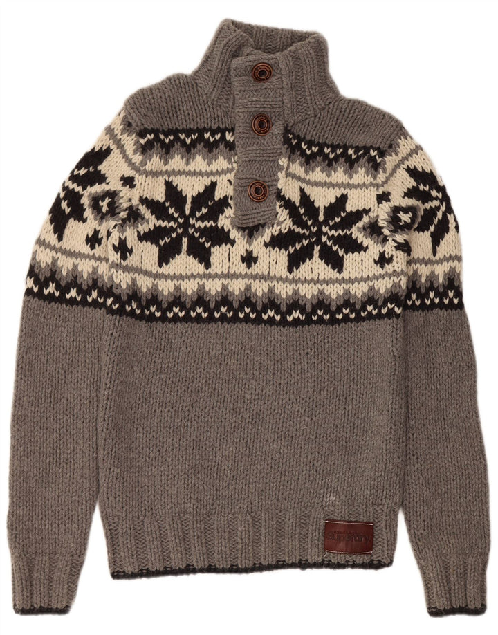 SUPERDRY Suéter tipo jersey con cuello y botones para hombre, lana Fair Isle gris grande