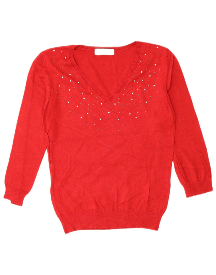 Marks & Spencer Suéter con cuello en V para mujer UK 10 Small Viscosa roja
