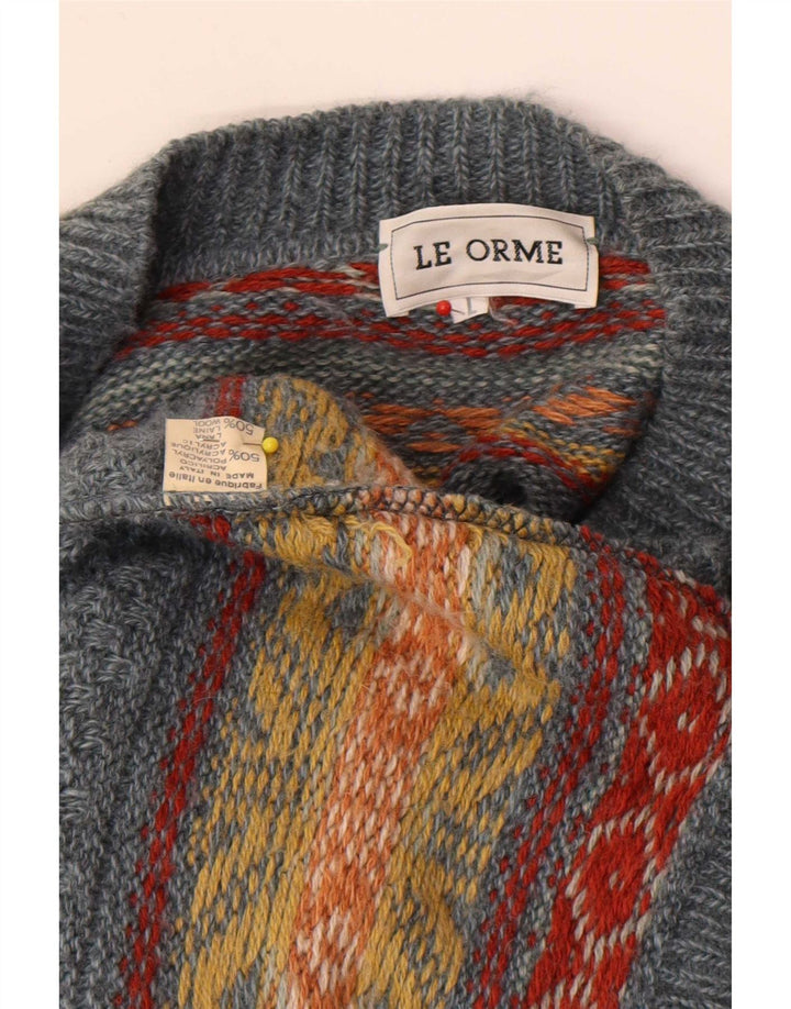 Vintage hombres Cardigan suéter grande gris Fair Isle acrílico