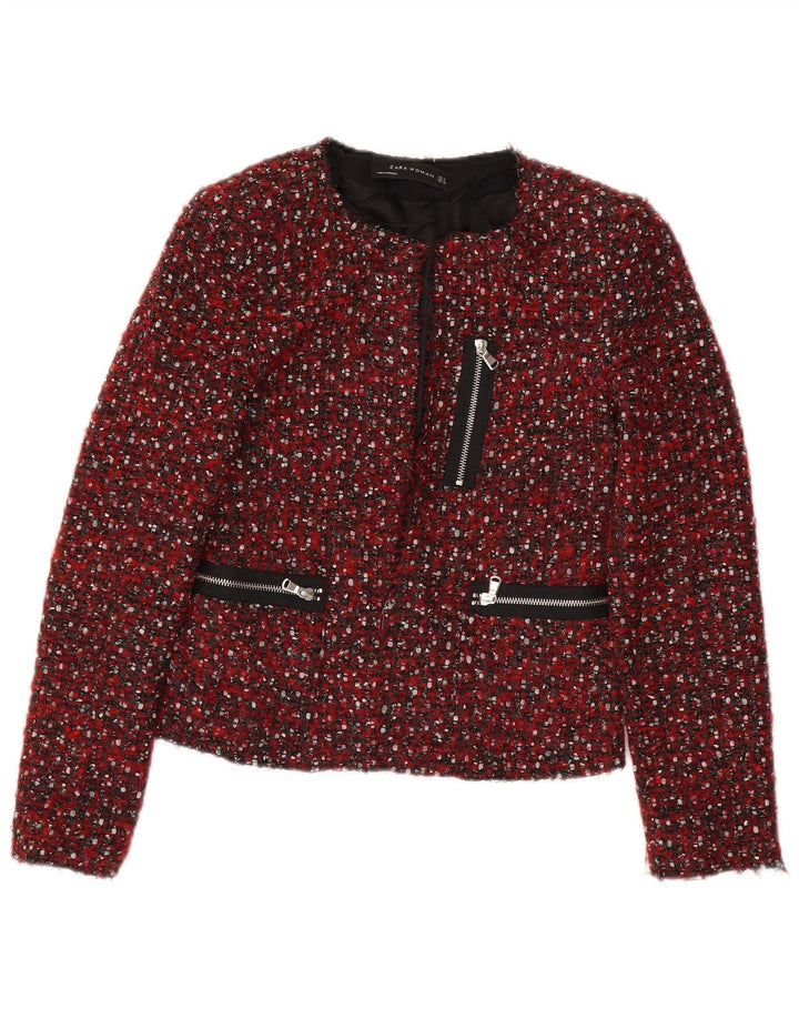 Zara Mujer Crop Blazer Chaqueta Reino Unido 10 Pequeño Rojo Moteado Moderno