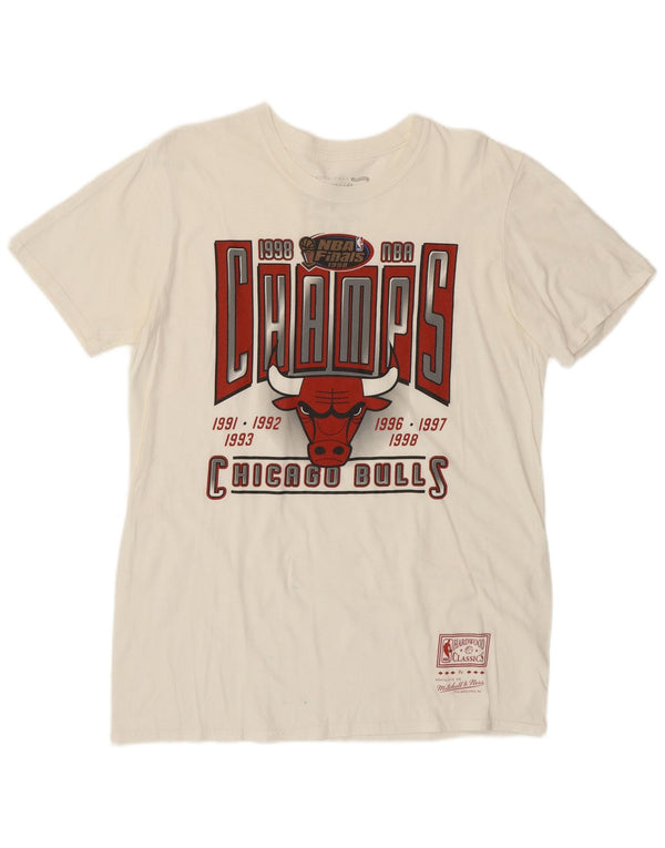 MITCHELL & NESS Camiseta estampada de los Chicago Bulls para hombre, talla mediana, color blanco roto