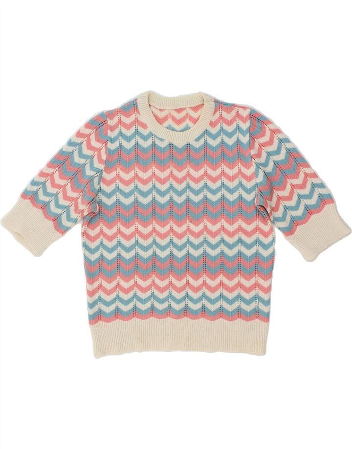VINTAGE Mujer Barco Cuello Jersey Suéter Reino Unido 12 Chevron Multicolor Medio