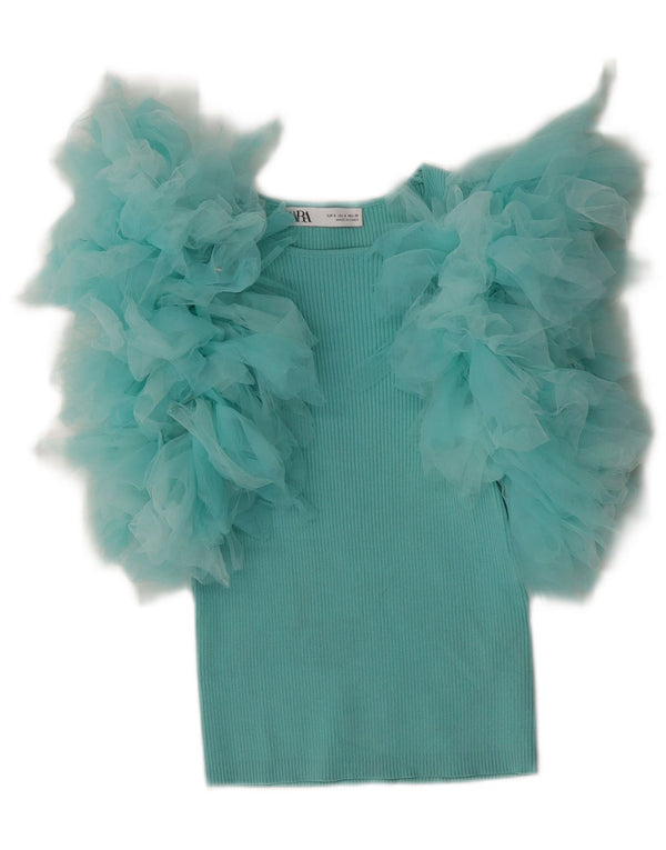 Zara Mujer Crop Blusa Top UK 8 Small Turquesa Viscosa