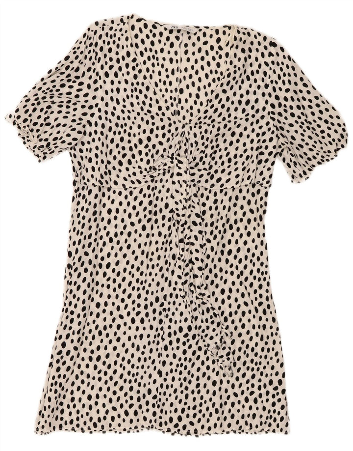 Zara Mujer Vestido Acampanado UK 40 Pequeño Blanco Moteado
