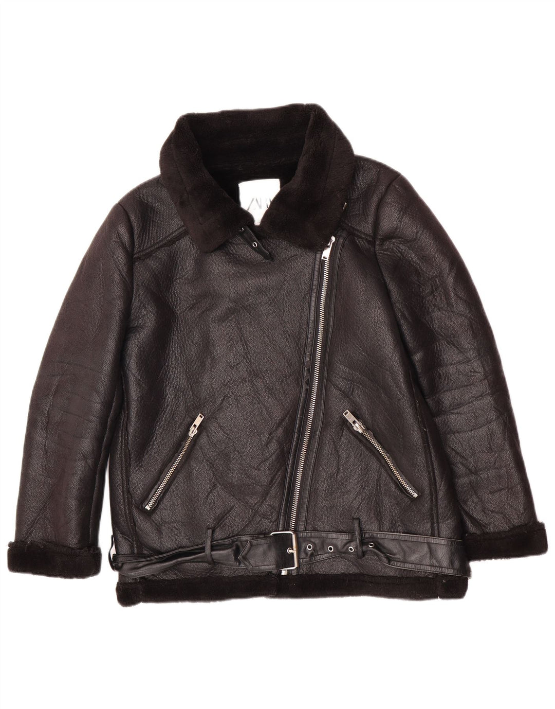 Zara Mujer Chaqueta Sherpa De Piel Sintética UK 44 Mediano Poliuretano Negro