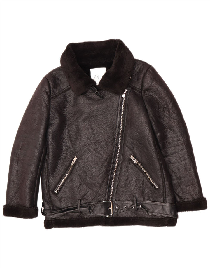 Zara Mujer Chaqueta Sherpa De Piel Sintética UK 44 Mediano Poliuretano Negro