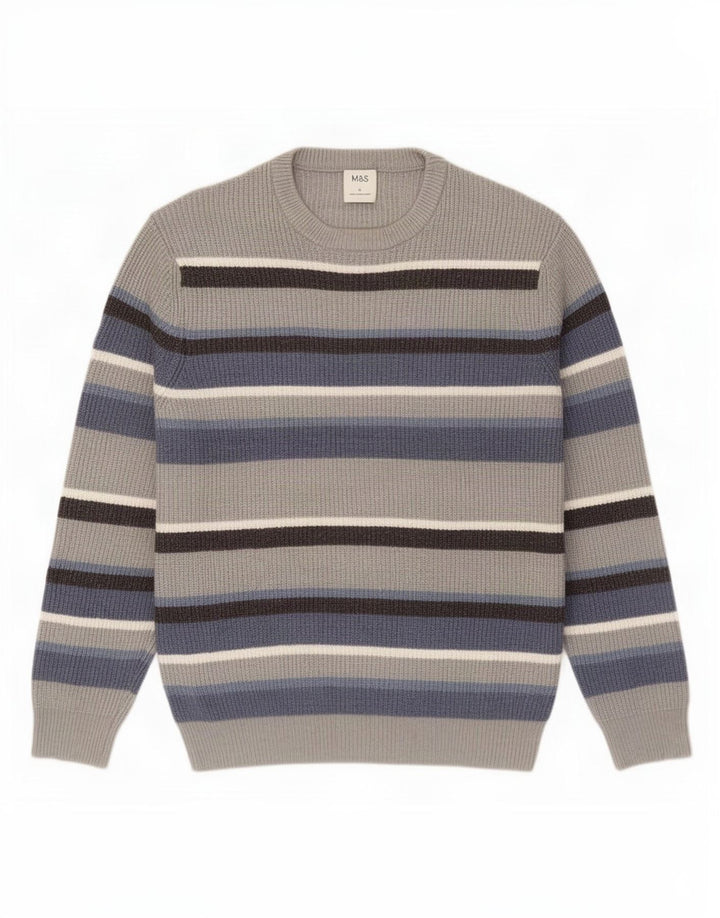 Marks & Spencer - Jersey de cuello redondo para hombre, poliéster a rayas, color gris grande